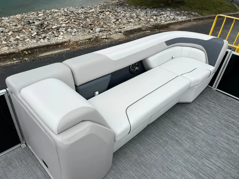 Slide: The Image of 2025 Godfrey Sweetwater 2286 C Special Edition boat seating, elegant white and gray upholstery. - 28