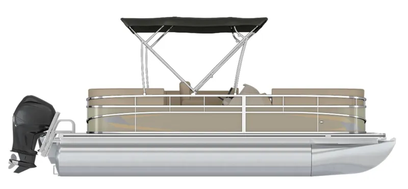 Slide: The Image of 2025 Starcraft LX 18 F pontoon boat with canopy and outboard motor, side view. - 1