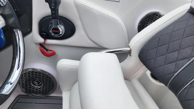 Slide: The Image of Interior of a 2022 Monterey M-45 boat, featuring sleek seating and modern controls. - 44