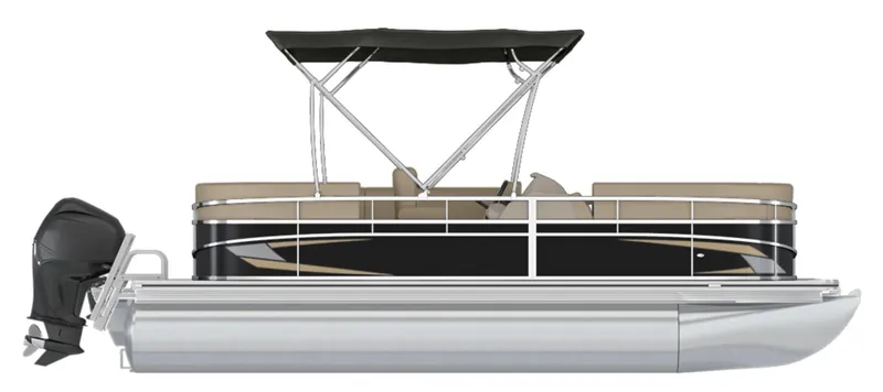 Slide: The Image of 2025 Starcraft LX 20 CB pontoon boat with canopy and outboard motor. - 1