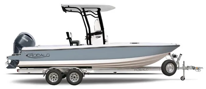 The Image of 2025 Robalo 226 Cayman boat on trailer, side view, featuring sleek design and Yamaha engine. - 0
