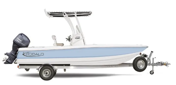 Slide: The Image of 2025 Robalo 206 Cayman boat on trailer, side view, light blue and white design. - 7