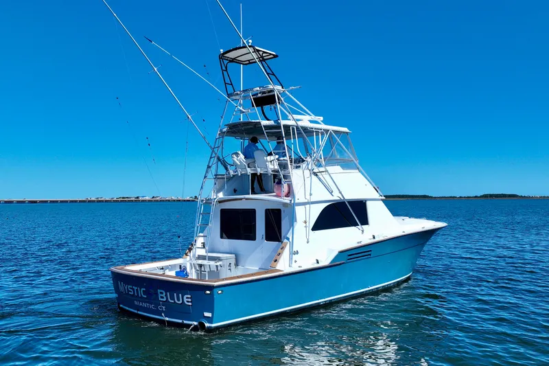 Slide: The Image of 1982 Bertram 46 Convertible yacht on clear blue water, sunny day. - 3