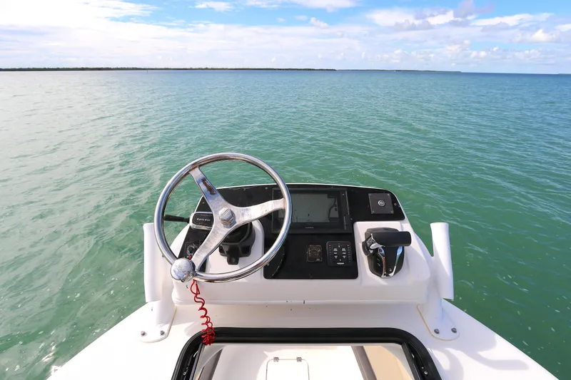 Slide: The Image of Tidewater 2500 Carolina Bay 2021 boat helm on open water, clear sky. - 12