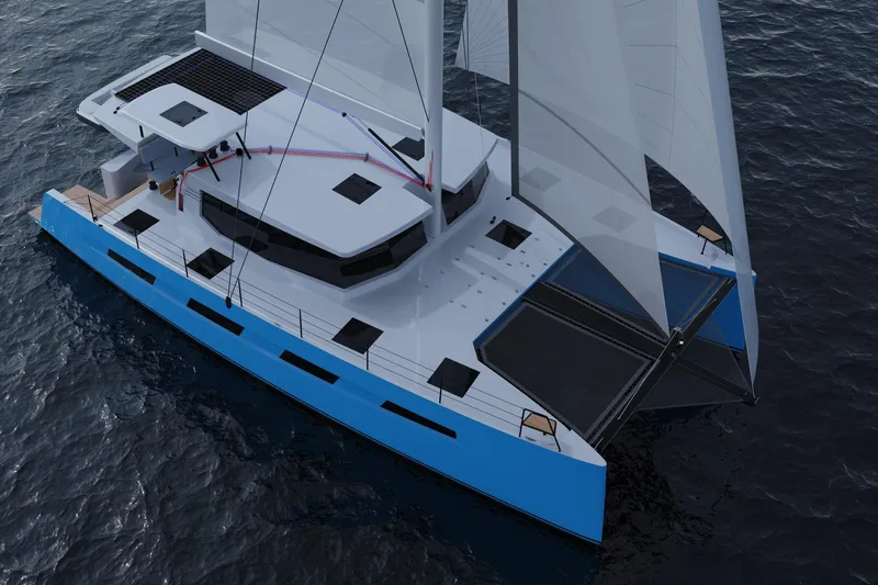 Slide: The Image of Futuristic Vision 484 catamaran sailing on open water, 2026 model, sleek design. - 2