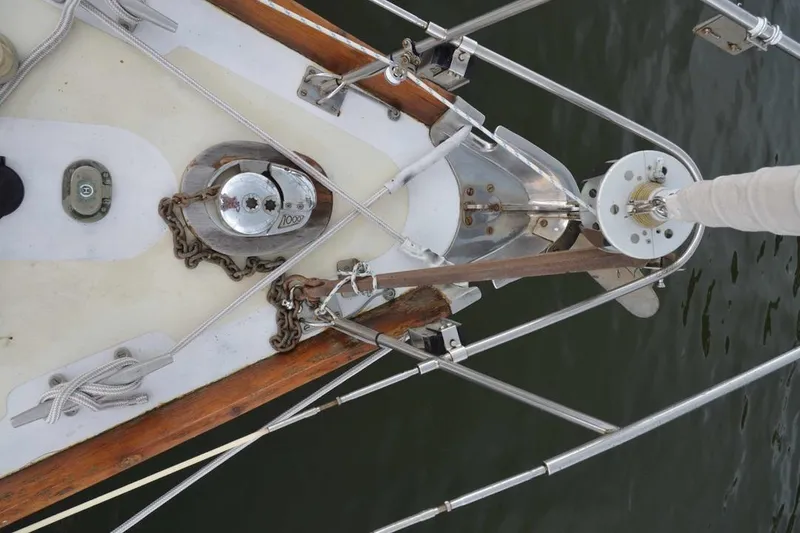 Slide: The Image of Bow of 1971 Hinckley Bermuda 40 sailboat with anchor and rigging details. - 15