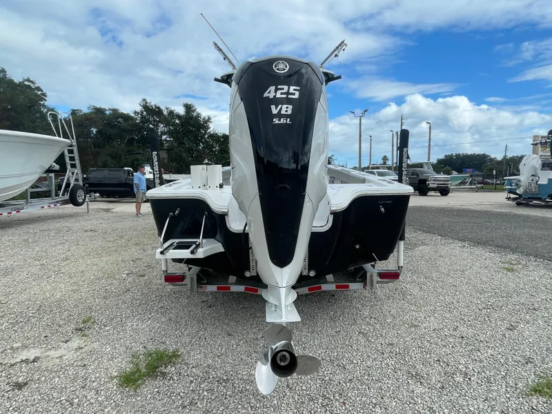 Slide: The Image of 2022 Sportsman Masters 267OE Bay Boat with Yamaha 425 V8 engine, rear view. - 3