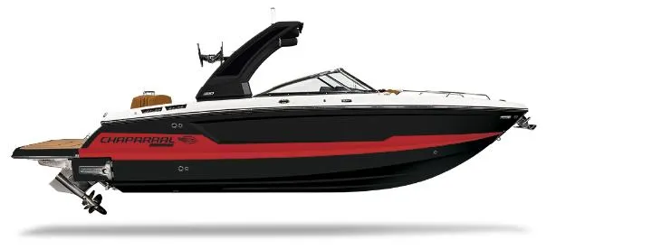 Slide: The Image of 2025 Chaparral 26 Surf boat, sleek black and red design, side view. - 3