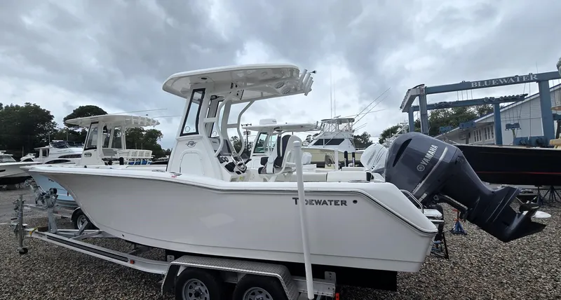 Slide: The Image of 2023 Tidewater 232 SS boat on trailer, overcast sky, marina background. - 19