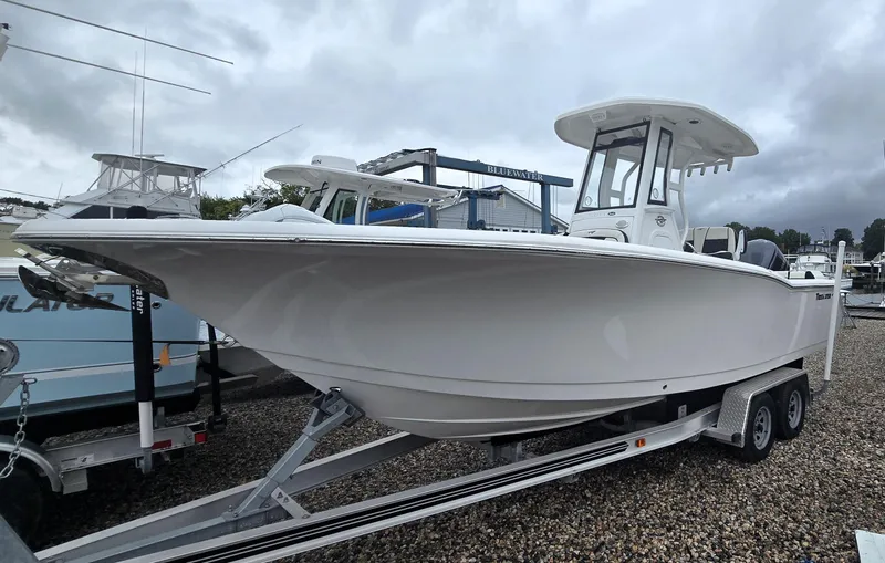 Slide: The Image of 2023 Tidewater 232 SS boat on trailer, parked in marina. - 20