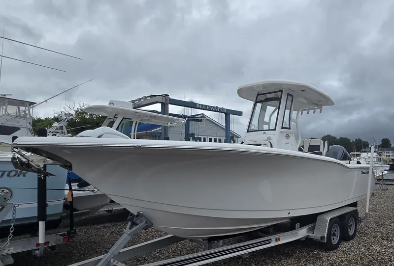 Slide: The Image of 2023 Tidewater 232 SS boat on trailer, overcast sky, marina background. - 21