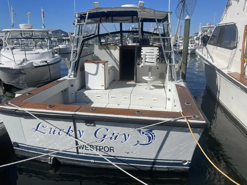 Slide: The Image of 1987 Rampage 31 Express boat named "Lucky Guy" docked in a marina. - 3