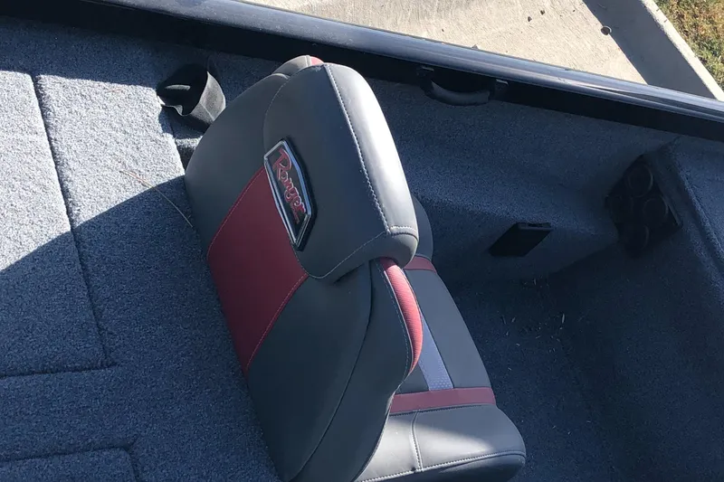 Slide: The Image of 2023 Ranger RT188P boat seat with red and gray upholstery. - 7