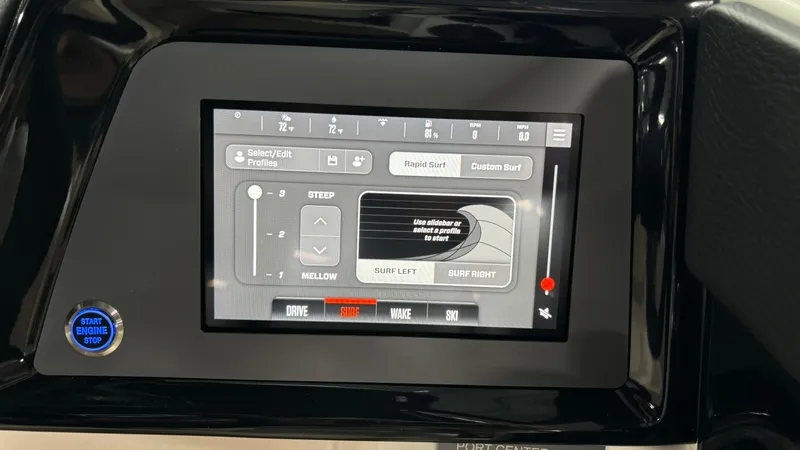 Slide: The Image of 2025 MasterCraft NXT23 touchscreen control panel displaying surf settings. - 22