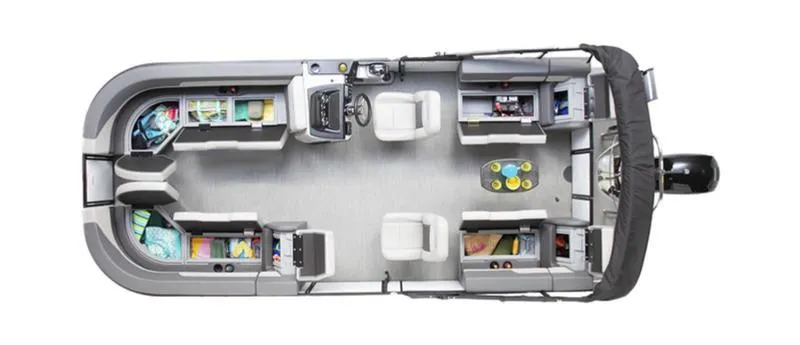Slide: The Image of 2025 Lowe LS210WT pontoon boat interior layout, featuring seating and storage areas. - 44