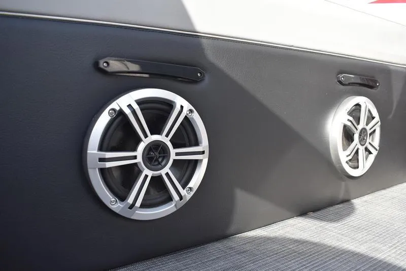 Slide: The Image of 2023 Lowe SS 210 DL boat speakers on black panel. - 35