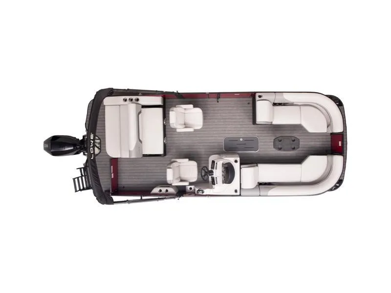 Slide: The Image of 2023 Lowe SS 210 DL pontoon boat interior layout, featuring seating and storage. - 44