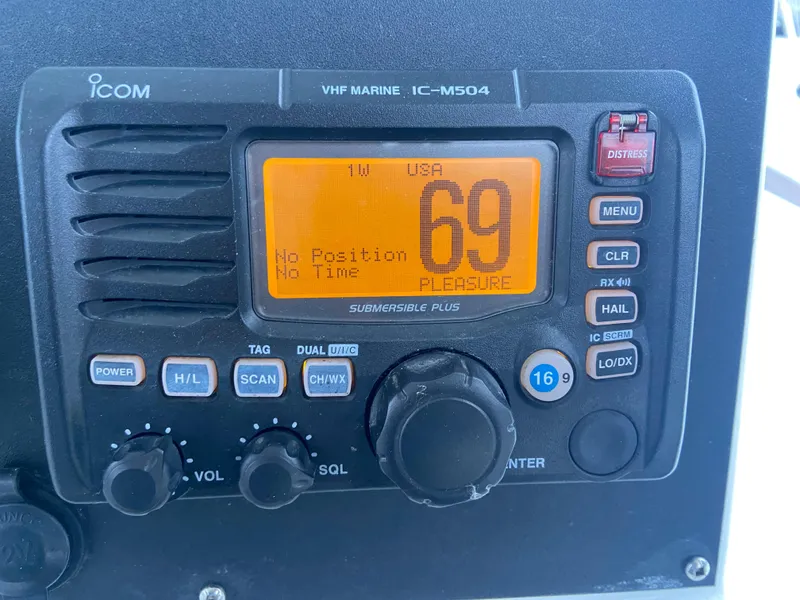 Slide: The Image of VHF Marine IC-M504 radio on 2011 Sabre Custom Yachtfish, channel 69 displayed. - 11