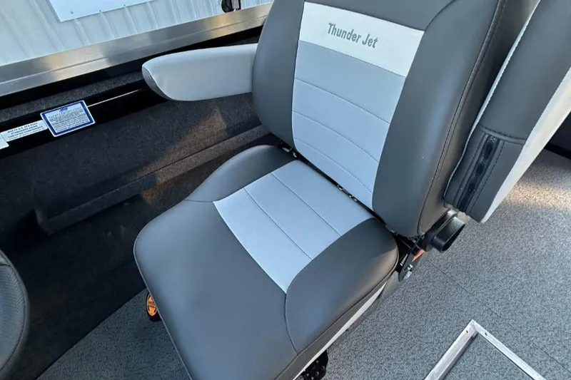 Slide: The Image of 2025 Thunder Jet Alexis Pro XL 26' boat seat, gray and white upholstery. - 32