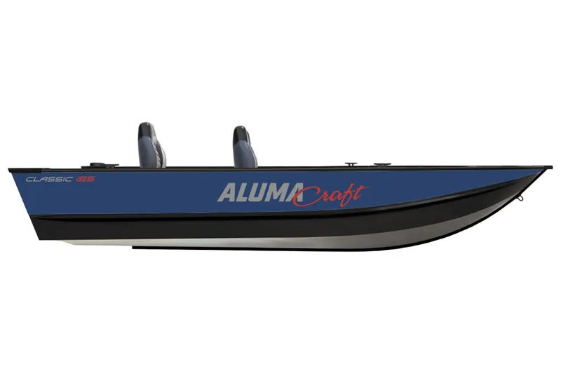 Slide: The Image of 2024 Alumacraft Classic 165 Tiller boat, side view, blue and black design. - 12
