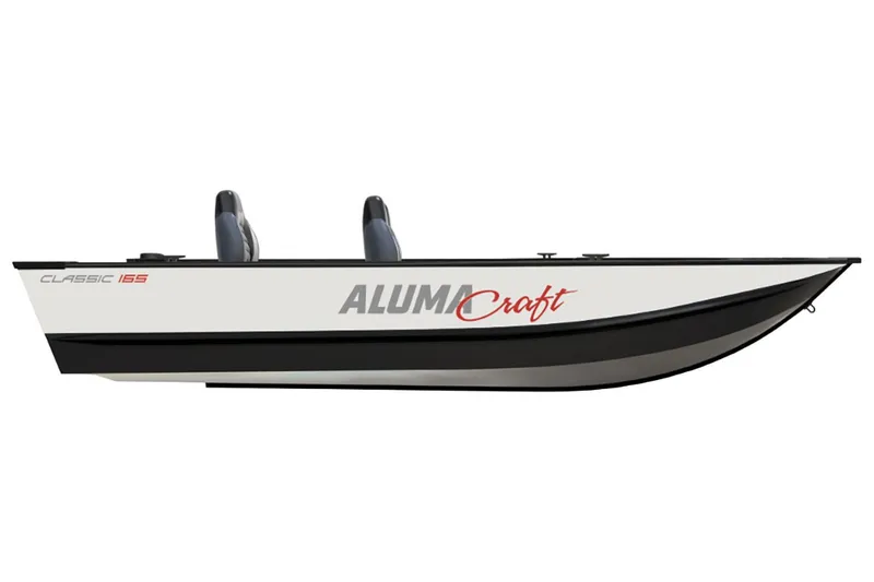 Slide: The Image of 2024 Alumacraft Classic 165 Tiller boat, side view, sleek design, two seats. - 13
