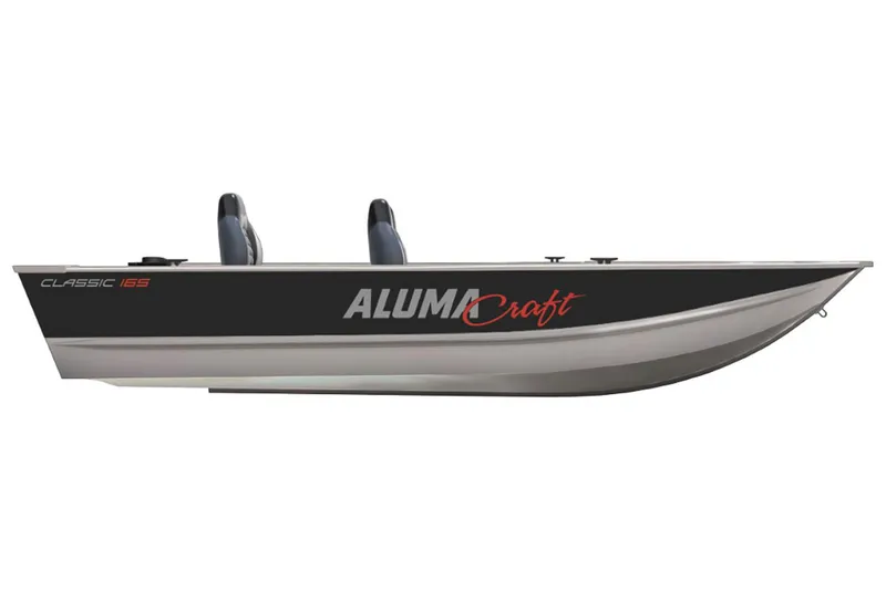 Slide: The Image of 2024 Alumacraft Classic 165 Tiller boat, side view, sleek design, black and silver finish. - 14