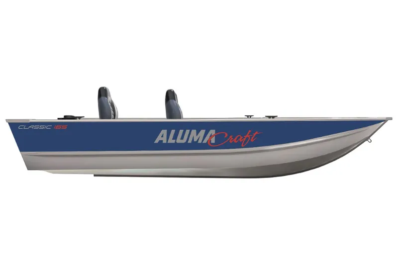 Slide: The Image of 2024 Alumacraft Classic 165 Tiller boat, blue and silver design, side view. - 15