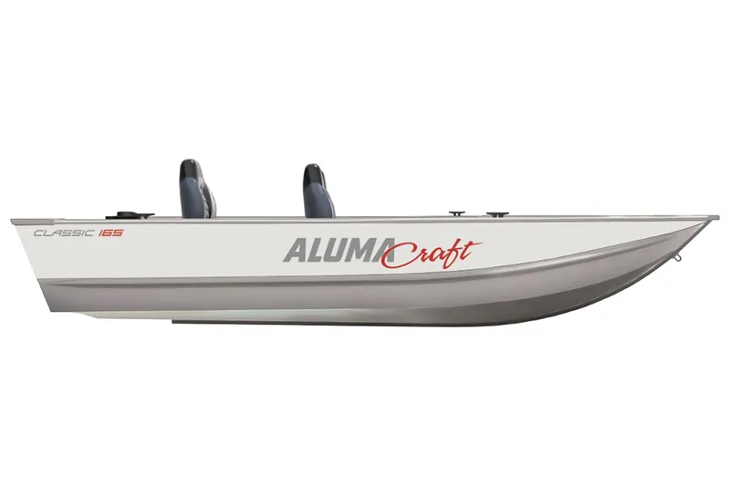 Slide: The Image of 2024 Alumacraft Classic 165 Tiller boat, side view, sleek design, two seats. - 16