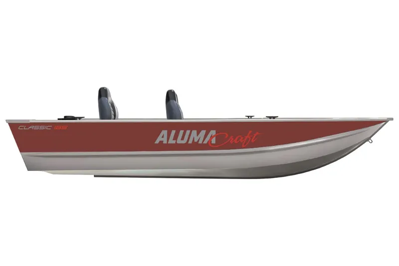 Slide: The Image of 2024 Alumacraft Classic 165 Tiller boat, side view, red and silver design. - 17