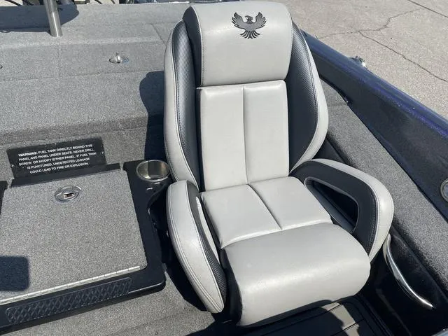 Slide: The Image of 2022 Phoenix 919 Pro XP boat seat with logo, gray and black design. - 15
