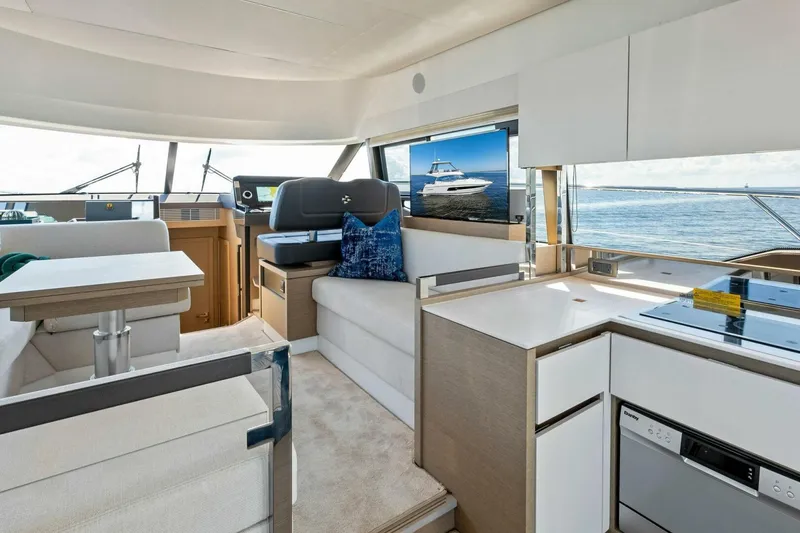 Slide: The Image of Luxurious interior of 2023 Prestige 460 Flybridge yacht with modern kitchen and seating area. - 11
