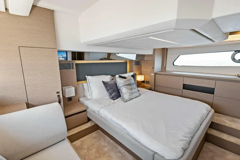 Slide: The Image of Luxurious bedroom interior of 2023 Prestige 460 Flybridge yacht with modern design. - 23