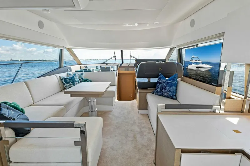 Slide: The Image of Luxurious interior of 2023 Prestige 460 Flybridge yacht with elegant seating and ocean view. - 4