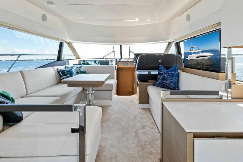 Slide: The Image of Luxurious interior of 2023 Prestige 460 Flybridge yacht with elegant seating and panoramic windows. - 6