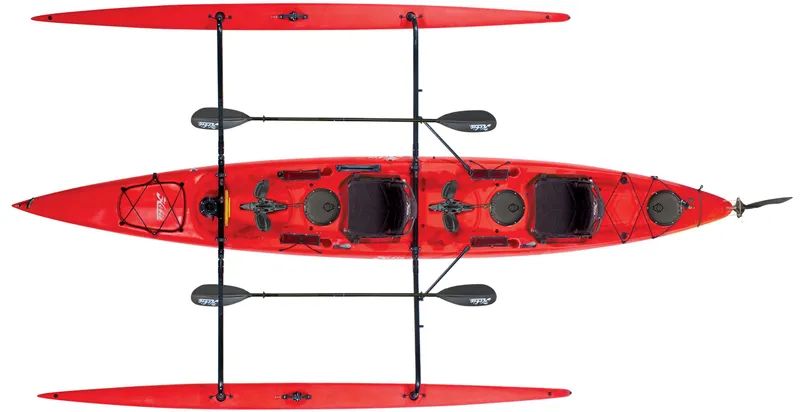 Slide: The Image of 2023 Hobie Mirage Tandem Island kayak, top view, red with dual seats and outriggers. - 4