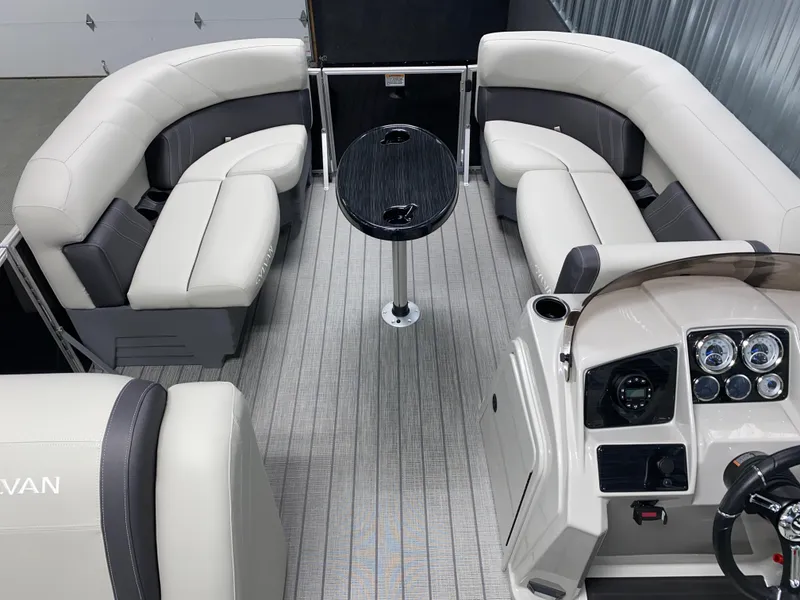 Slide: The Image of 2025 Sylvan Mirage 8520 Party Fish interior with seating and control panel. - 14