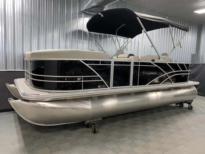 Slide: The Image of 2025 Sylvan Mirage 8520 Party Fish pontoon boat with Mercury 90HP engine, indoor display. - 17