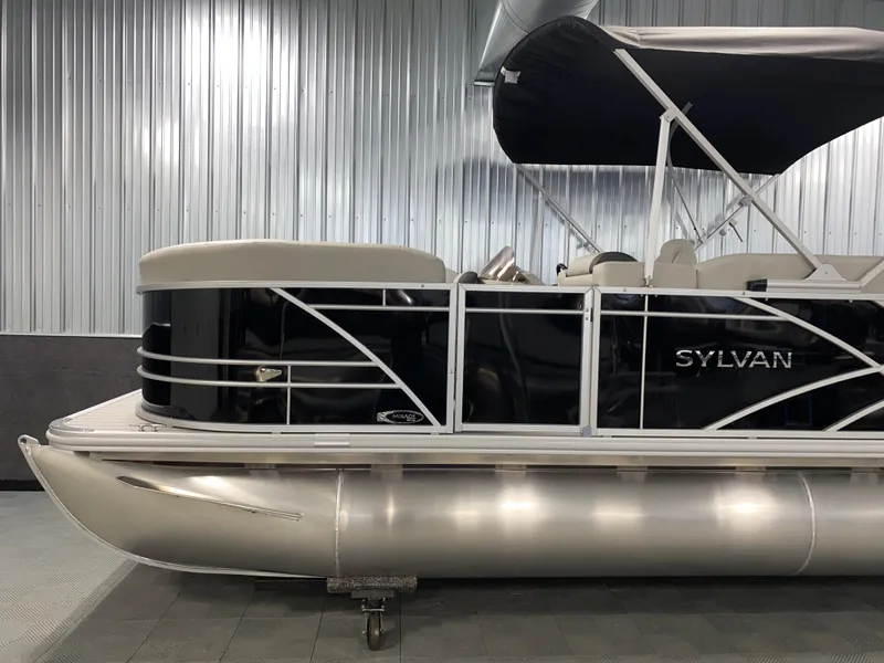 Slide: The Image of 2025 Sylvan Mirage 8520 Party Fish pontoon boat with Mercury 90HP engine, side view. - 19