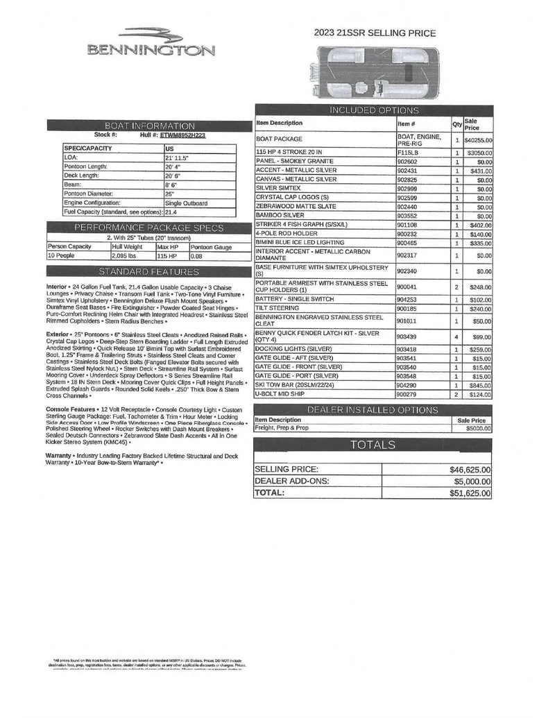 Slide: The Image of 2023 Bennington 21SSR price list with specifications and included features. - 22