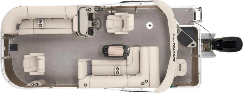 Slide: The Image of 2025 Sun Tracker SportFish 20 DLX pontoon boat interior layout, featuring spacious seating and helm. - 20