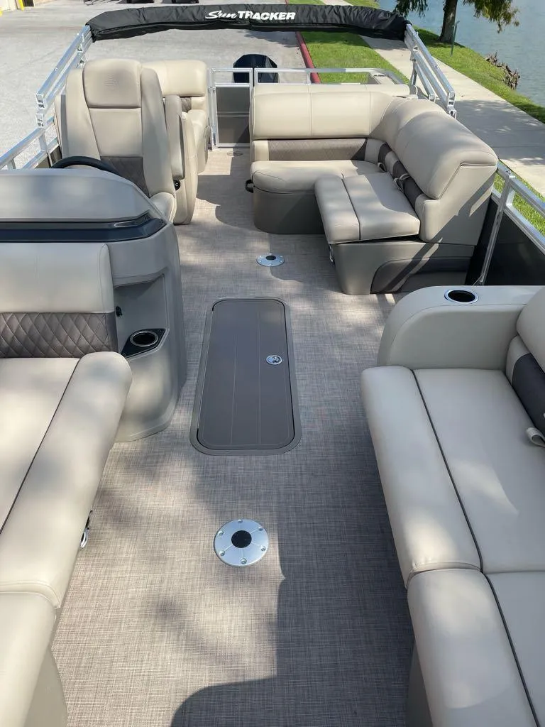 Slide: The Image of 2025 Sun Tracker Party Barge 22 RF XP3 interior with spacious seating and modern design. - 3