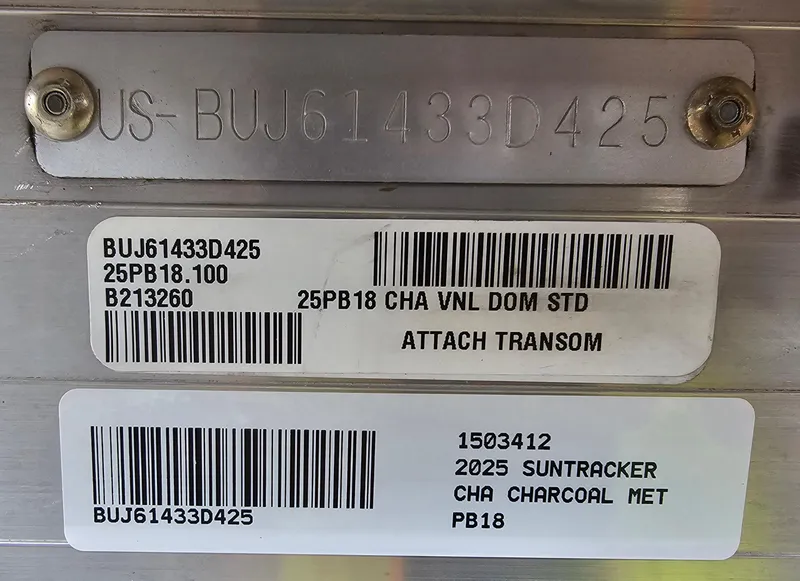 Slide: The Image of 2025 Sun Tracker Party Barge 18 DLX identification plate with serial and model numbers. - 6