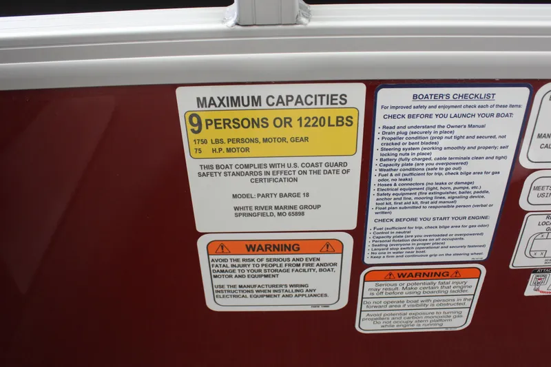 Slide: The Image of 2025 Sun Tracker Party Barge 18 DLX capacity label, safety warnings, and boater's checklist. - 9