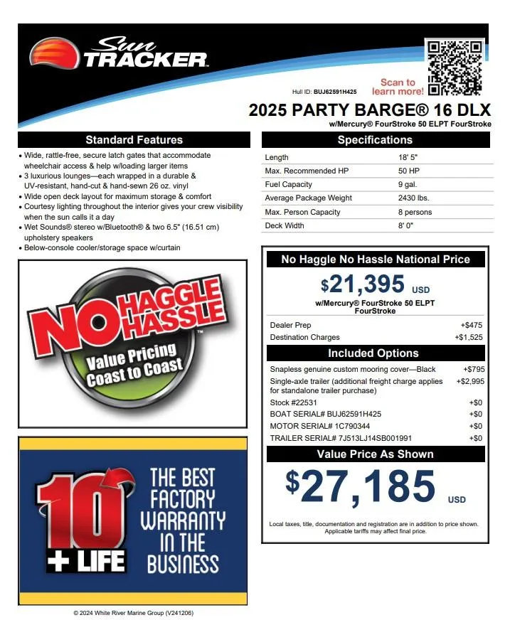 Slide: The Image of 2025 Sun Tracker Party Barge 16 DLX features, pricing, and warranty details. - 19
