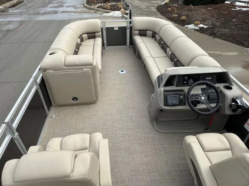 Slide: The Image of 2025 Sun Tracker Party Barge 24 DLX with spacious seating and modern helm. - 3