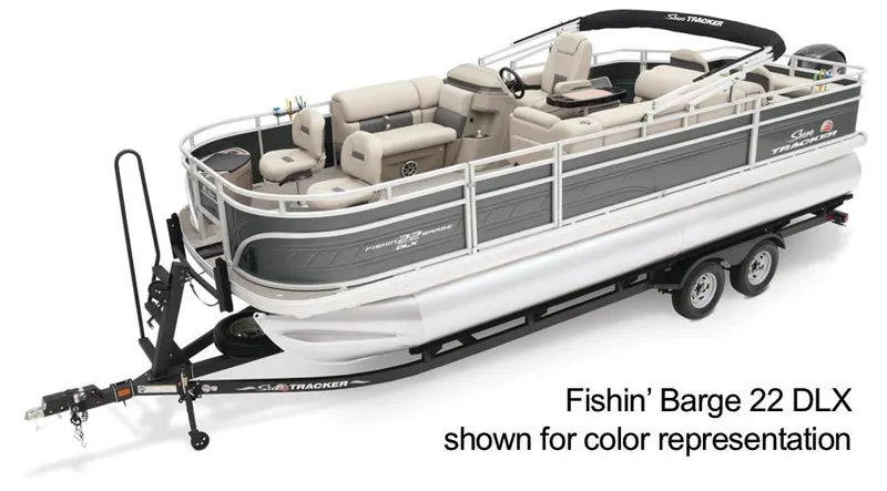 Slide: The Image of 2025 Sun Tracker Fishin' Barge 22 XP3 pontoon boat on trailer, side view. - 3