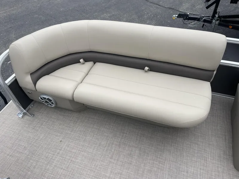 Slide: The Image of 2025 Sun Tracker Party Barge 16 DLX pontoon seating, beige upholstery, spacious and comfortable design. - 8