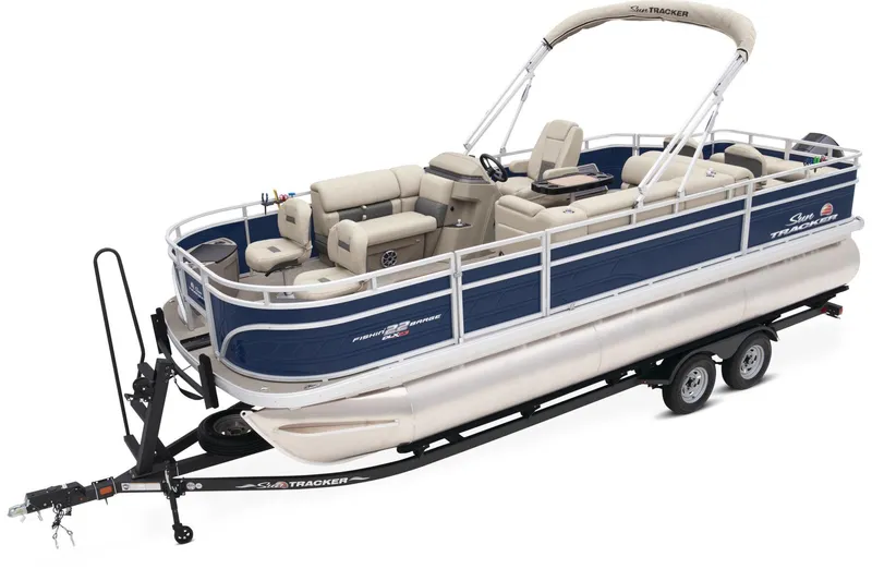 Slide: The Image of 2025 Sun Tracker Fishin' Barge 22 XP3 pontoon boat with 150 HP engine, rear view. - 2