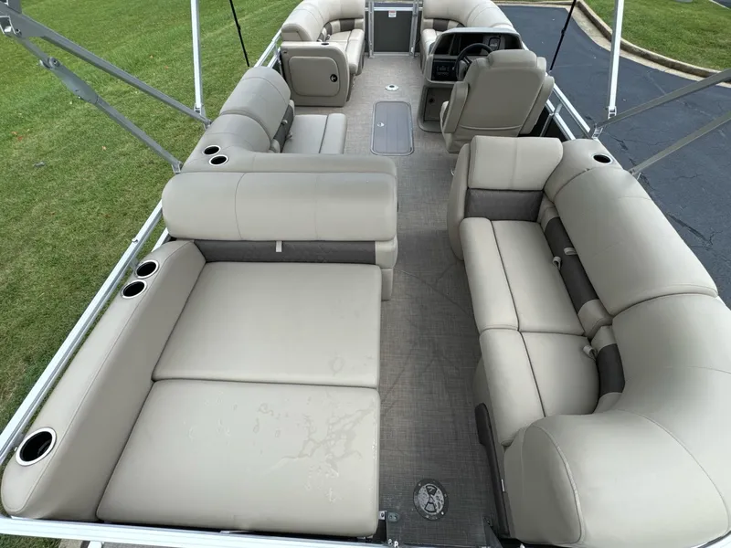 Slide: The Image of 2025 Sun Tracker Party Barge 22 RF XP3 interior with spacious seating and modern design. - 16