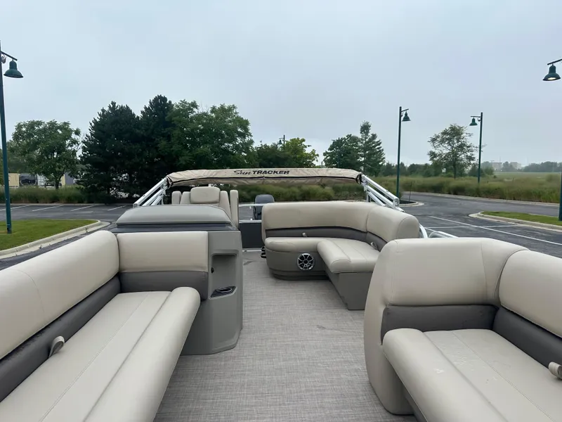 Slide: The Image of 2025 Sun Tracker Party Barge 18 DLX with spacious seating and modern design. - 3